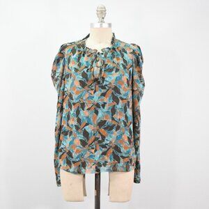 Joie Teal & Brown Boho Floral Chiffon Peasant Blouse